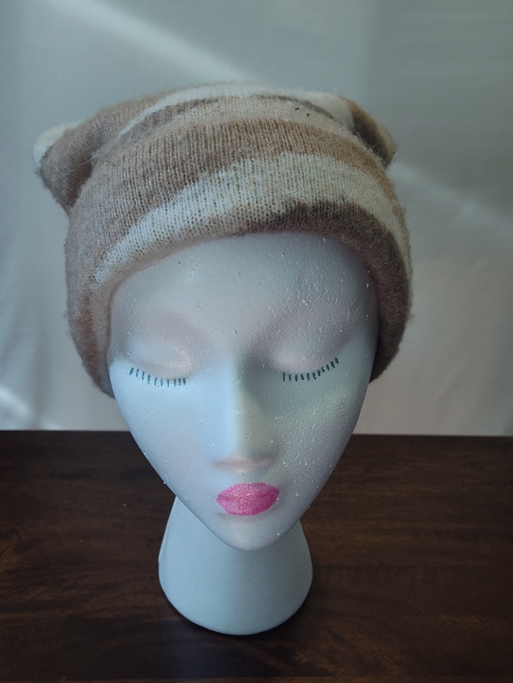 Anthropologie Beige and Cream Striped Knit Beanie